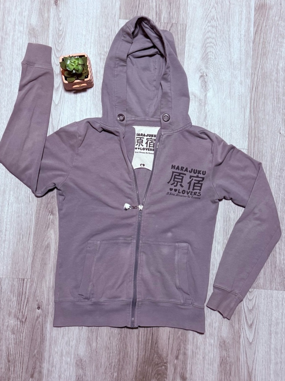 Vintage Harajuku Lovers Gwen Stefani lilac/gray Zip Hoodie with Heart Charm Y2K